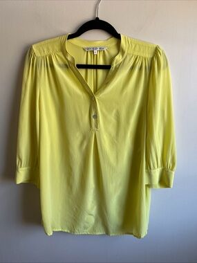 Annie Griffin Lemon Yellow Split-Neck Blouse 100% Silk